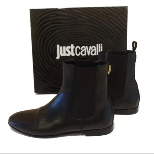 Just Cavalli 100% Calfskin Leather Black Flat Ankle Boots Women’s Sz 8 US 39 EUR