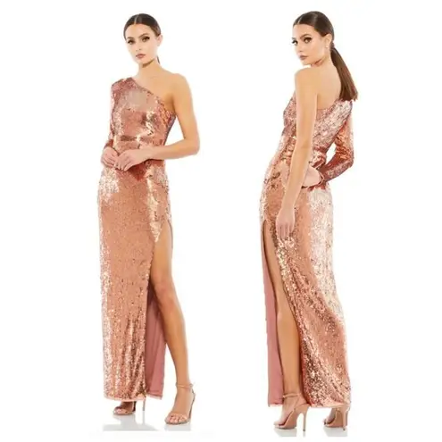 Mac Duggal Sequin One-Shoulder Long Sleeve Column Gown in Copper Size US 2