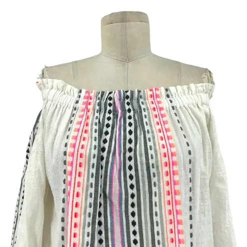Lemlem Striped Off Shoulder Blouse In White Pink Black Embroidery Size XS