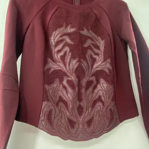 a.moss Burgundy Embroidered Mesh Long Sleeve Zip Back Moto Ponte Top Size Small
