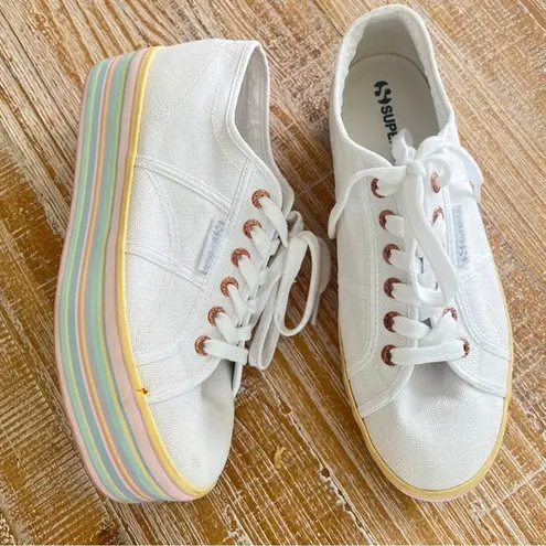 Superga  2790 Platform sneakers white rainbow pastel stripes lace-up shoes