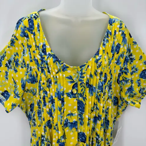 Woman Within Dress Size 30W Plus Pintuck Midi Yellow Blue Floral Rayon Cottage