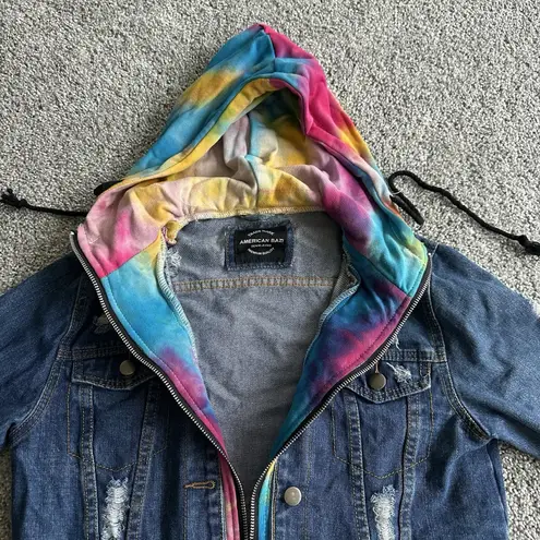 American Bazi Hooded Denim women Jacket With Tie-Dye Trim cropped distressed
