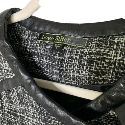 Love Stitch Tweed Blazer Size Large Faux Leather Black White Zip Front New