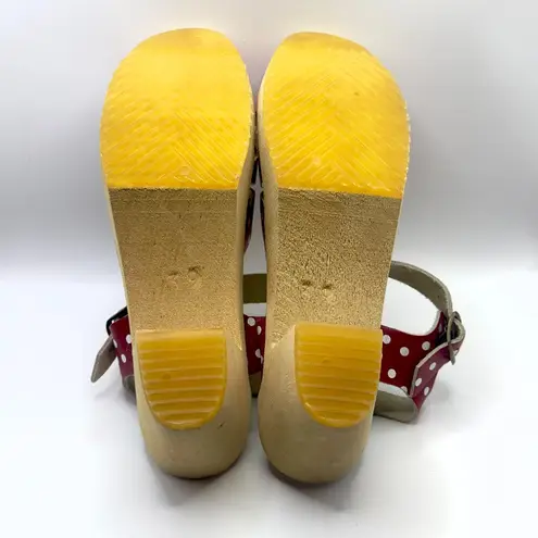 Red & White Polka Dot Wooden Clogs Heels Sandals Peep Toe Leather Womens 8.5 39