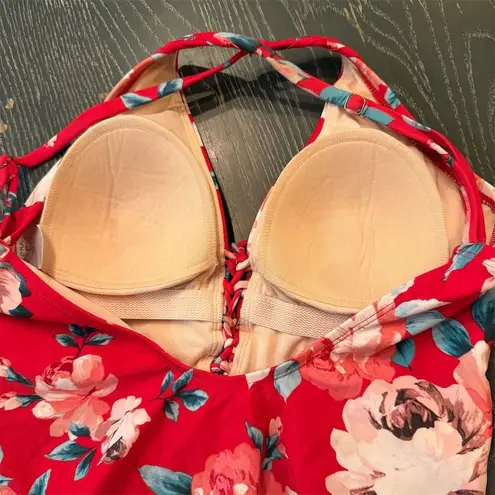 Kona Sol Women's M Red Floral Lace-Up One Piece Swimsuit