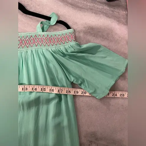 Caribbean Joe Size M Off the Shoulder Tie Neck Mint Green Pink Embroidered Dress
