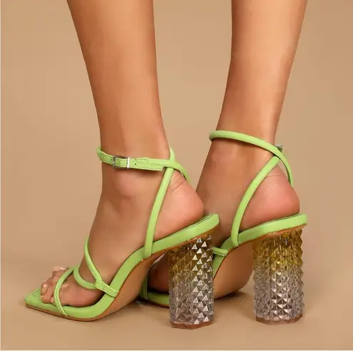 Schutz Women’s Mayte Lime Green Leather Acrylic Block Heel Sandal size 6.5