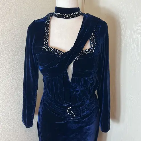 Velvet Rhinestone Cutout Maxi Dress | Navy Blue Long Sleeve Formal Gown Size S