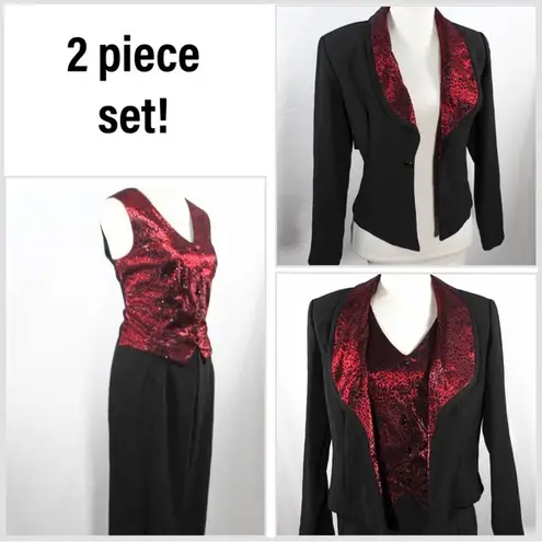 Vintage 1990s Red Black Faux Vest Jumpsuit with Blazer Leopard Animal Print Size 14
