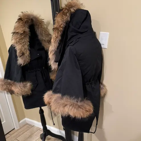 Raccoon Fur Flare Sleeve Parka Coat Jacket Winter Coat Trench Puffer Hooded Coat Black Size M