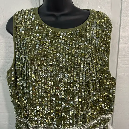 Mac Duggal  Olive Green Sequined High Neck Sleeveless Column Gown Size 16 NWT