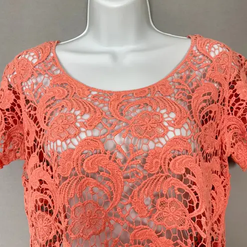 Lace Crop Top Peach Pink Short Sleeves Women Scalloped Delicate Overlayer Piece