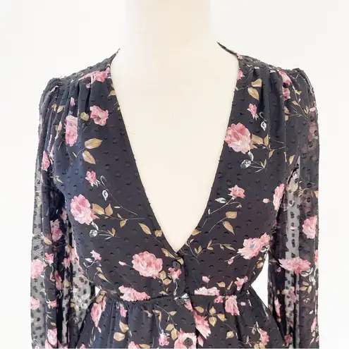 Lulus Lulu’s Fleur-ty Girl Black Floral Print Long Sleeve Babydoll Dress NWOT | XS