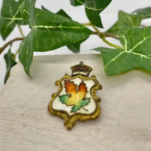 Vintage Crown Crest Enamel Guilloche Brass Canadian Maple Leaf Brooch White