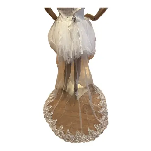 Unique Vintage Vintage high low wedding prom strapless corset tulle maxi train dress size small