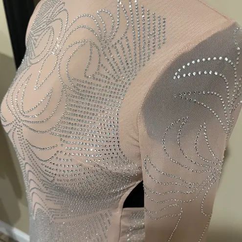 Rhinestone Open Back Mini Dress Slim Fit Mock Neck Backless Long Sleeve Tan Dress Party Dress Prom Wedding Size XS