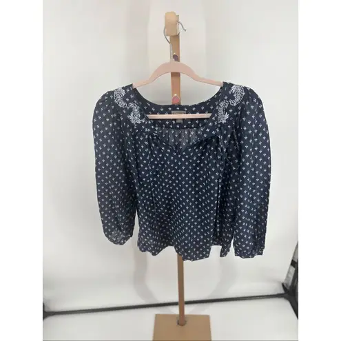 JCREW Point Sur embroidered block print peasant top Navy Women’s Size XS