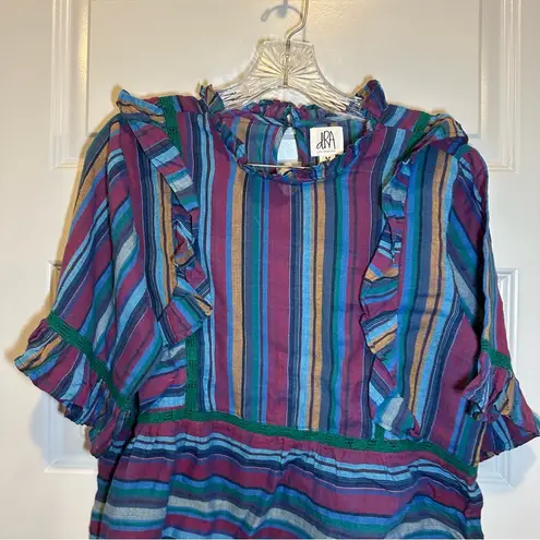 dRA Blue/Purple Striped Short Sleeve Ruffle Accent Blouse size M Size M