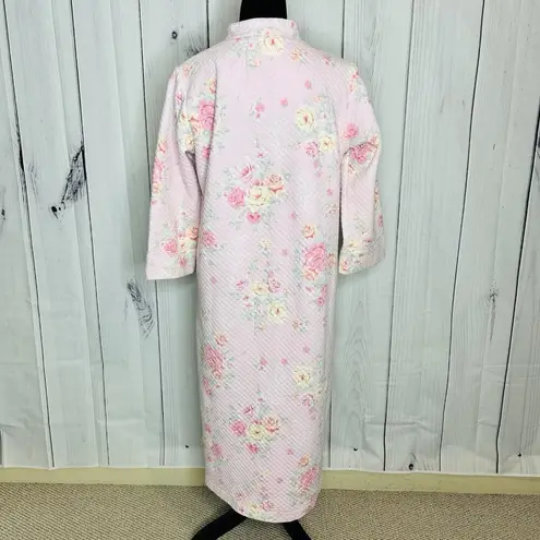 Miss Elaine House Coat Robe Womens Medium Pink Floral Quilted Full Zip Pockets