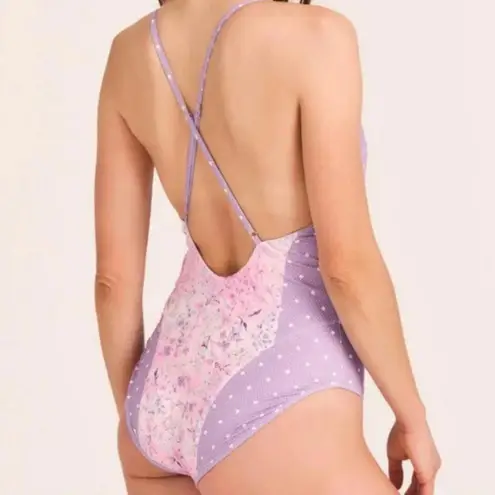Love Shack Fancy  Purple Pansy Multi Mix Print Shailee One Piece Swimsuit Size XS