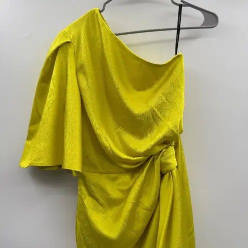 Solace London Marcie One Shoulder Draped Knot Mini Dress in Bright Yellow Sz 2