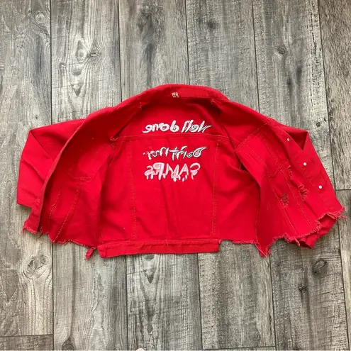 Vintage Y2K red distressed denim jacket