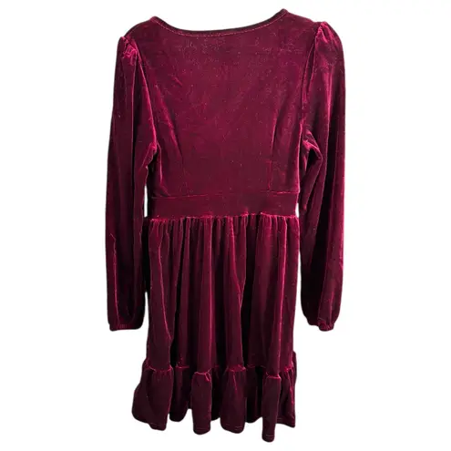 Halara Velvet V Neck Long Sleeve Ruffle Hem Mini Dress Burgundy Size M Date