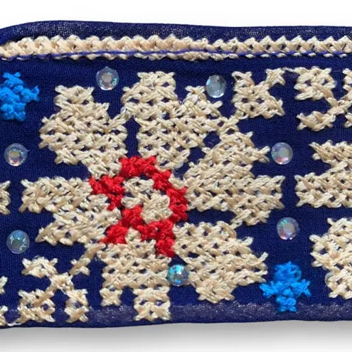 Handmade Belt Navy Blue Cross Stitch Flowers Folkloric Sheer Tie Back