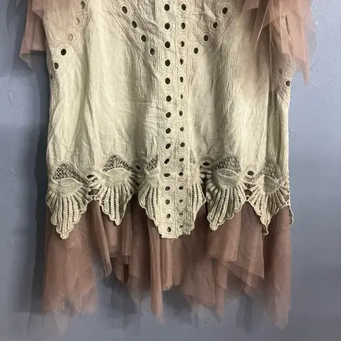 Elegant cream and tan tulle eyelet fairycore whimsygoth tinkerbell tunic M/L Yellow Size undefined