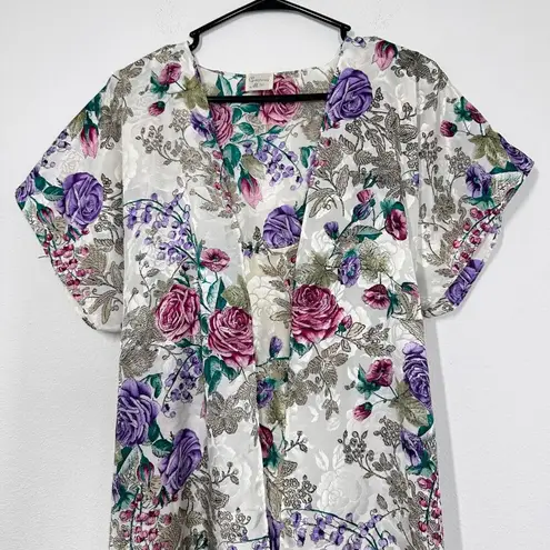 Vintage California Miss Womans Slick Satin Robe Ivory Floral Robe Slip Set Purple Size M