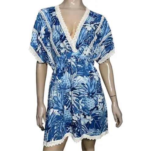 America & Beyond Women’s Size L Blue White Embroidered Lace Surplice Neck Dress Size L