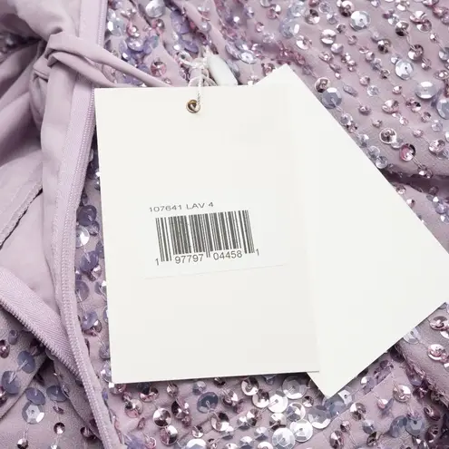 Mac Duggal Purple Sequin Puff Sleeve V Neck Midi Dress