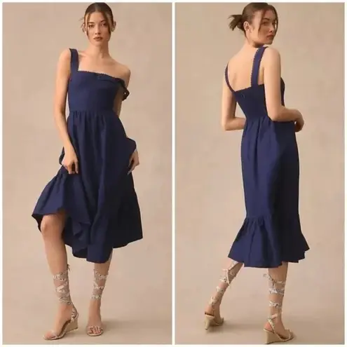 Reformation  Rowen Square Neck Smocked Linen Dress  Danube Blue