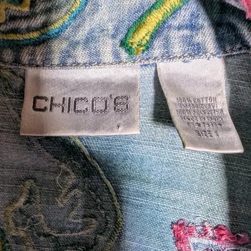 Vtg 1990s Chico's Watercolor Dye Floral Embroidered Blue Cotton Denim Jacket 1 M Size M