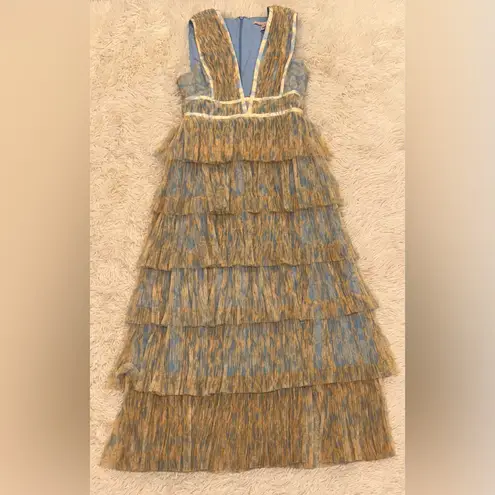 Hutch NEW Plunge V Neck Tiered Tulle Sky Floral Gown Dress sz 14