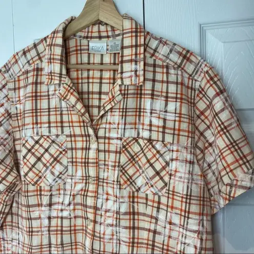 Erika Plaid Cotton Button up Orange Brown Beige Short Sleeve Shirt…
