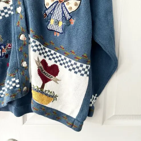 Quacker Factory  Vintage Blue Cottage Grandma Knit Heart Angels Miracles Cardigan