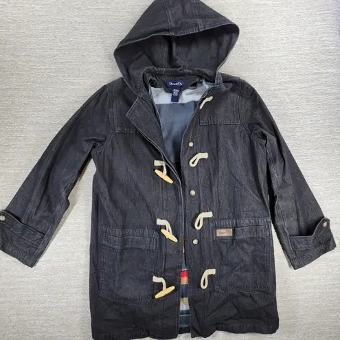 Denim & Co Hooded Denim Duffle Coat Size Med Black Blanket Lined Toggle Button