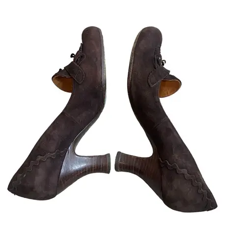 Vintage Chie Mihara Brown Leather Suede Mary Jane Heel Ruffle Trim Size EU 38