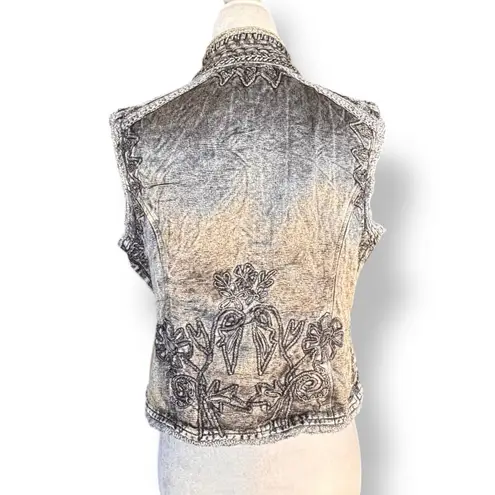 Vintage 90s Flashback Embroidered Metallic Gray Beaded Vest Floral Detail Boho