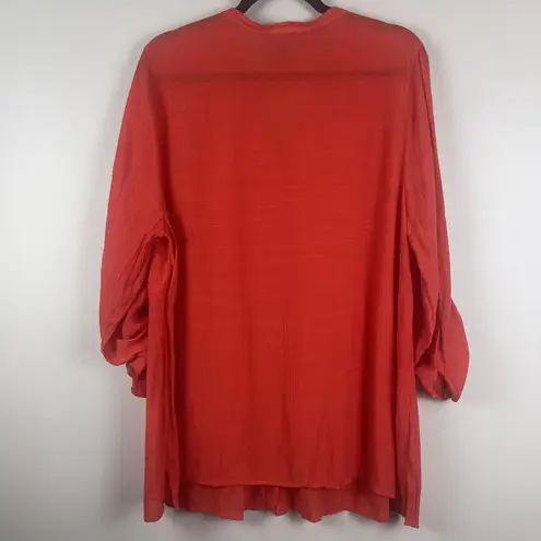 Catherines Top Sz 0X Red Orange Pleated Button Front Blouse Sheer Flowy Boho