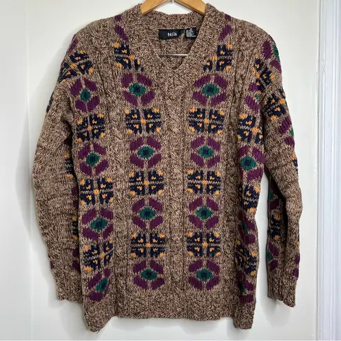 Vintage Pasta V Neck Geometric Print Grandpa Sweater Women’s Size Medium Brown