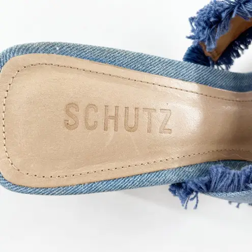 Schutz  Amely Slip On Fringed Double Strap Mid Block Denim Mule Sandal Blue 8