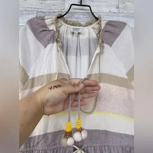 HEMANT & NANDITA Mana Striped Embroidered Cotton Blend Mini Dress small Tan