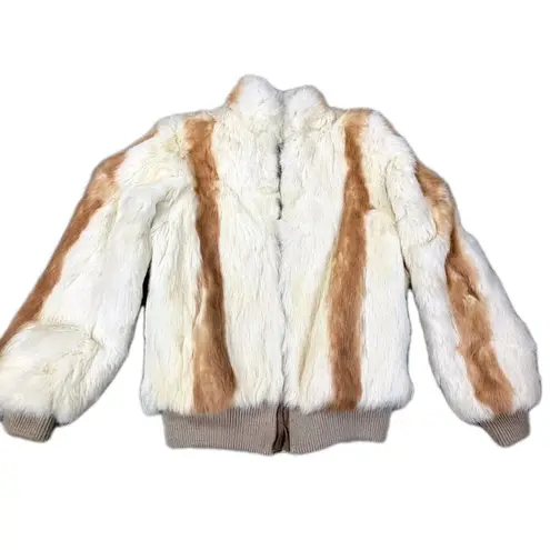Women's Rabbit Fur Jacket 14 White Brown Lined Long Sleeve Full Zip Mock Neck