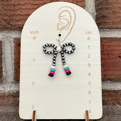 Navajo Style Pearl Bow Earrings with White, Turquoise, Pink & Black Disks Silver