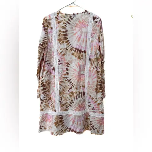 Lands' End Womens Cotton Poplin Split Neck Dress White Burst Tie Dye Sz Small Pink