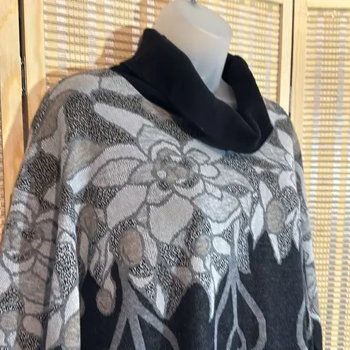 Top Notch 1980s Tunic Length Gray Floral Geometric Print Cowl Neck Sweater 1X Black