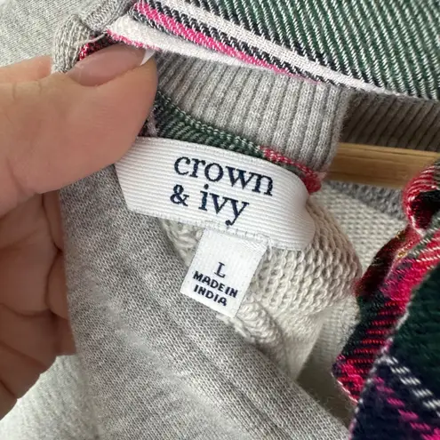 Crown & Ivy Gray Plaid Bow Tie Back Sweatshirt Large Cozy Fall Holiday Pullover